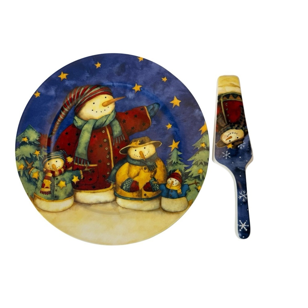 Gibson Debi Hron Snowman Ceramic‎ Cake Plate With Server 11.75" Diameter